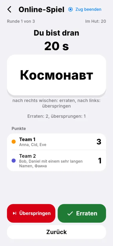 Zug des Erklärenden im Online-Spiel mit Anruf