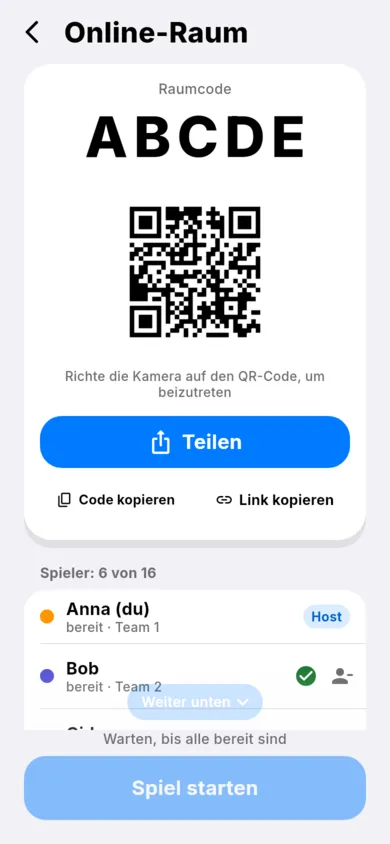 Raum eines Online-Spiels „Ushanka-Hut“ mit Code für Freunde